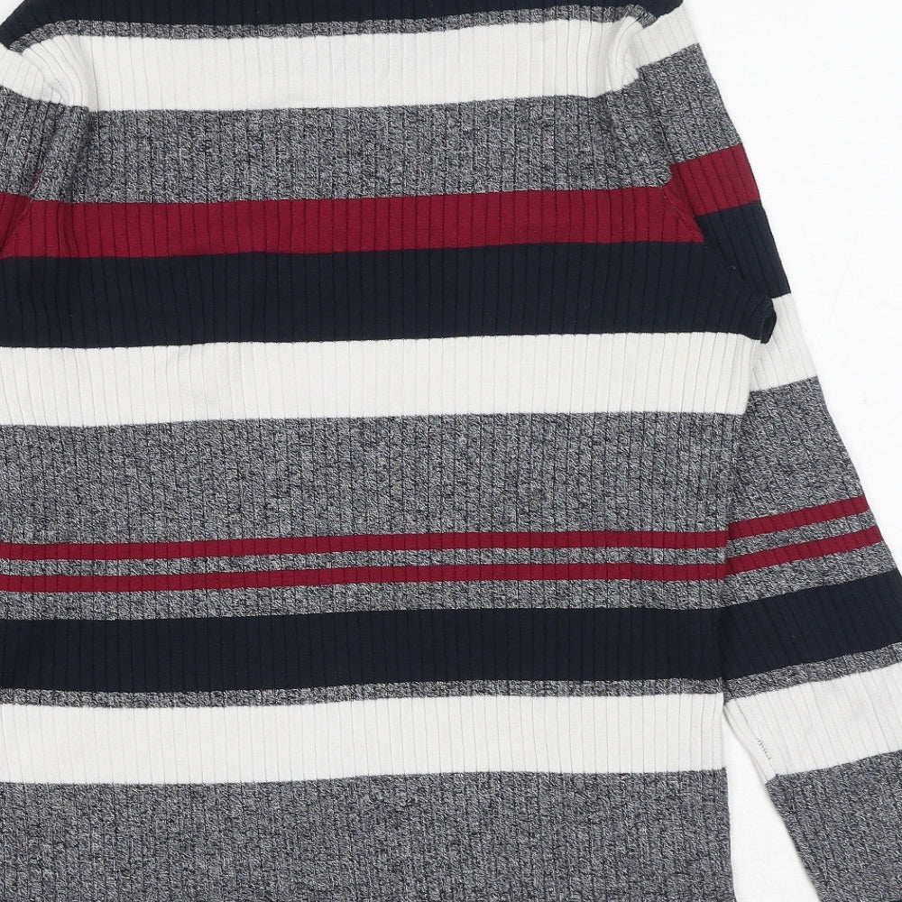 H&M Womens Grey Round Neck Striped Acrylic Pullover Jumper Size L