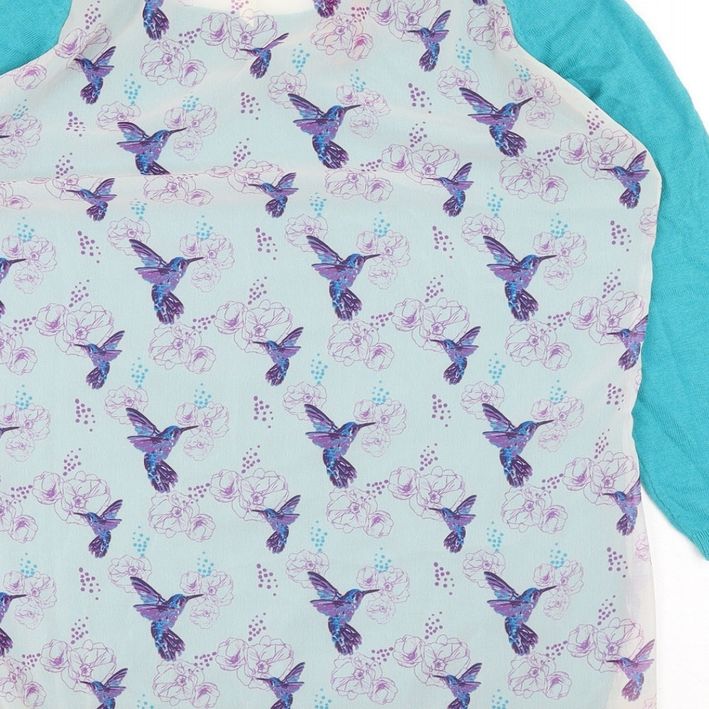 Nessa Womens Blue Geometric Nylon Basic Blouse Size L Boat Neck - Bird Print
