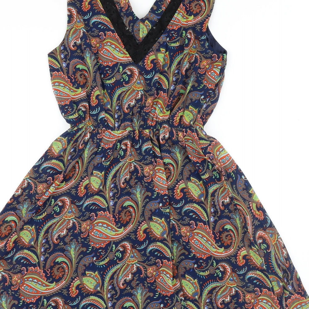 Mela Loves London Womens Blue Paisley Polyester A-Line Size 8 V-Neck Pullover