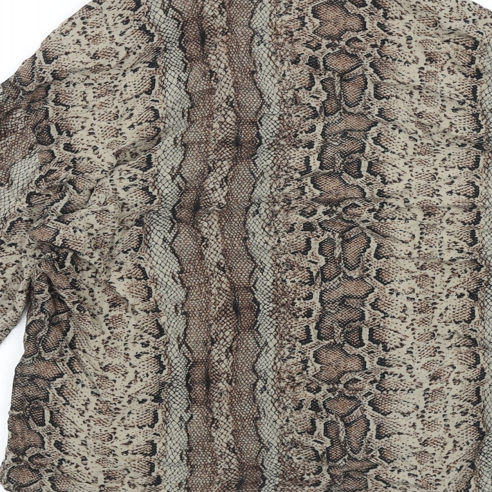 Pull&Bear Womens Brown Animal Print Viscose Basic Button-Up Size 8 Collared - Snake Print