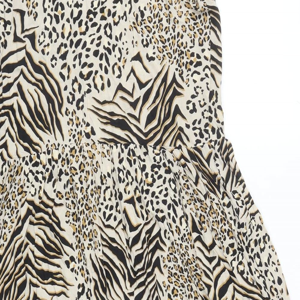 New Look Womens Beige Animal Print Viscose Fit & Flare Size 12 Round Neck Tie - Leopard Zebra Pattern