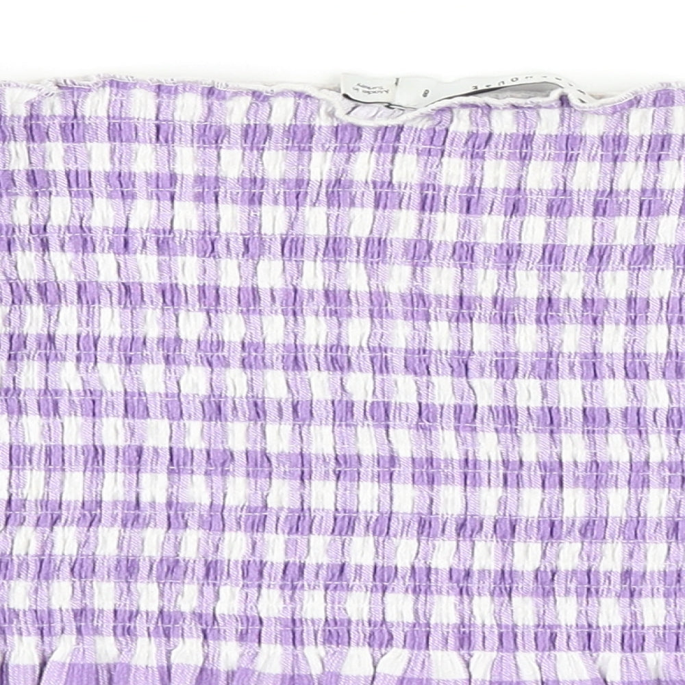 Warehouse Womens Purple Check Polyester Cropped Blouse Size 8 Off the Shoulder
