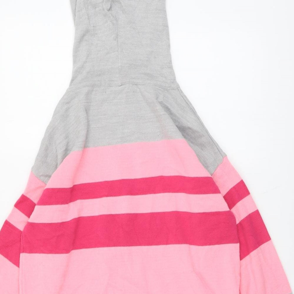 Marks & Spencer Womens Grey Round Neck Striped Acrylic Full Zip Jumper Size S