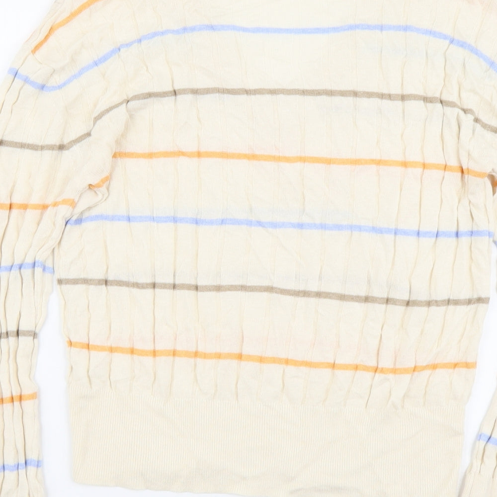 Marks & Spencer Womens Beige V-Neck Striped Acrylic Pullover Jumper Size M - Ribbed