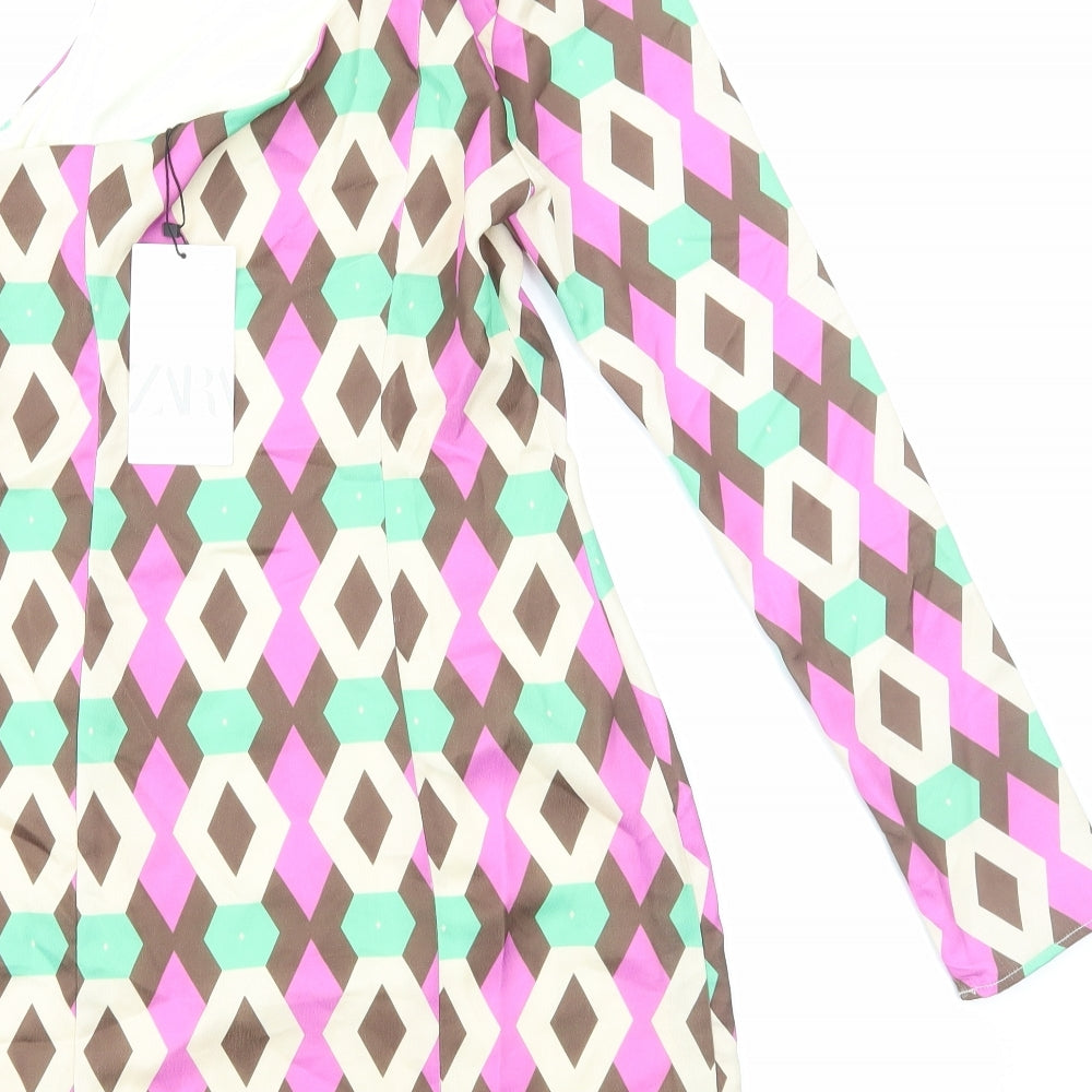 Zara Womens Multicoloured Geometric Polyester Bodycon Size S One Shoulder Zip