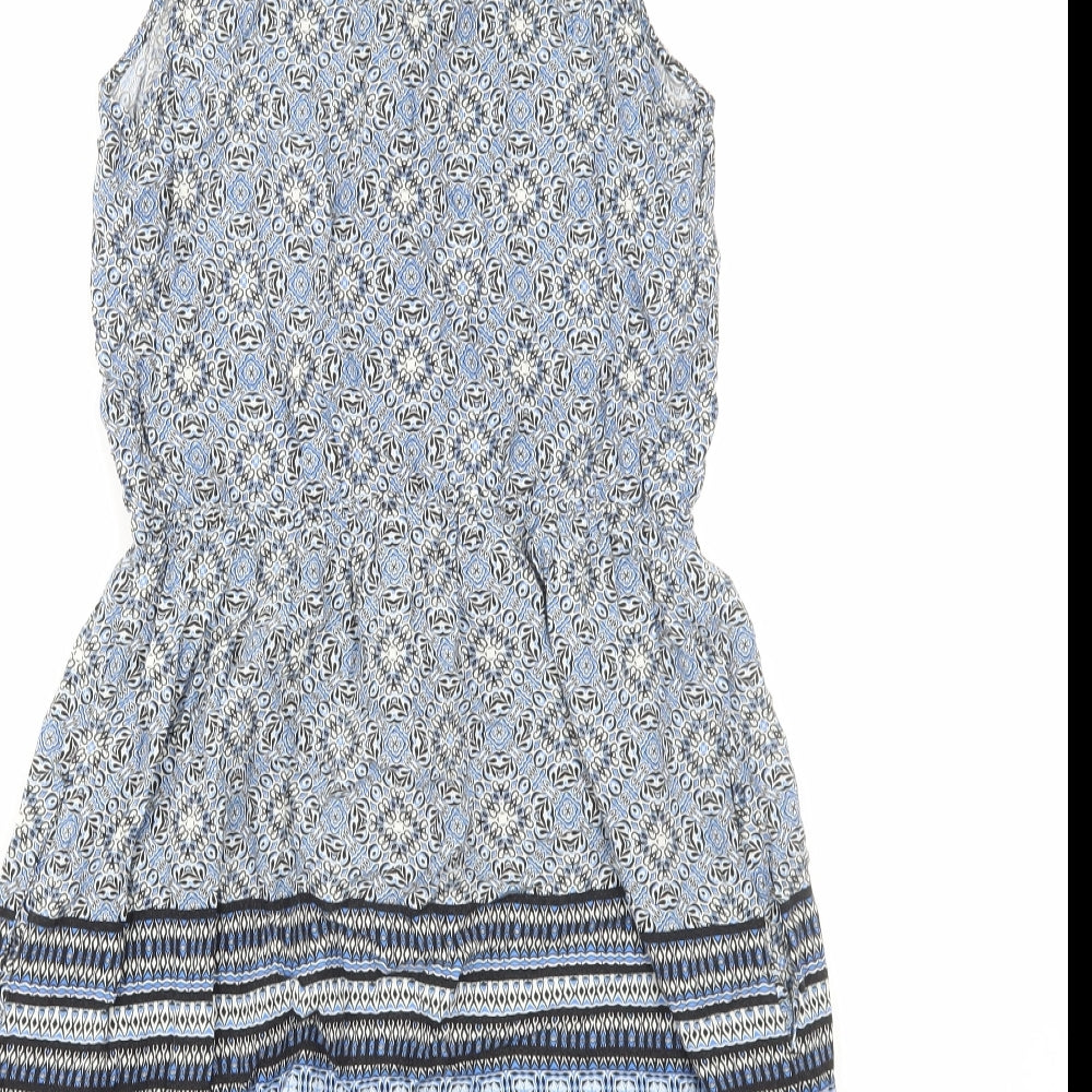 New Look Womens Blue Geometric Viscose A-Line Size 8 V-Neck Pullover