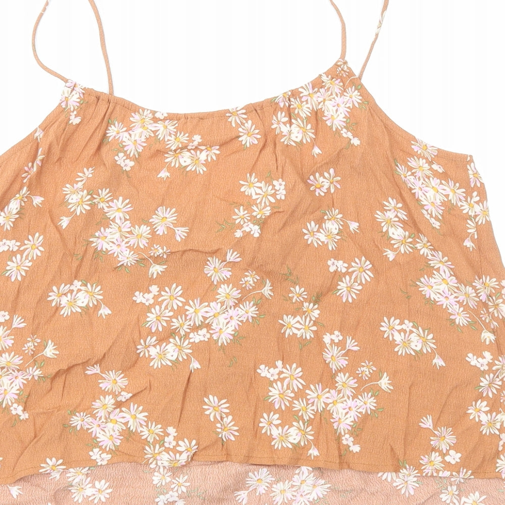 Mango Womens Brown Floral Polyester Basic Tank Size M Round Neck