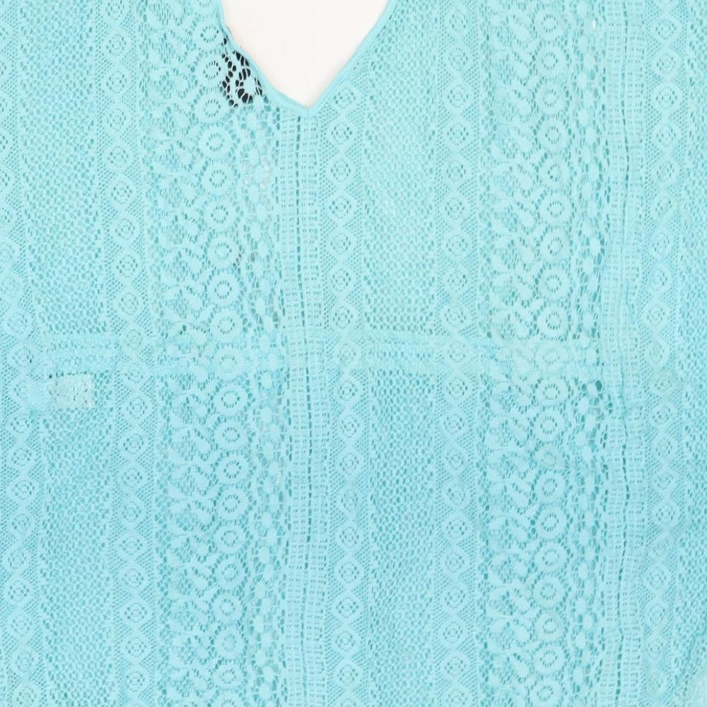 Beyou Womens Blue Geometric Cotton Basic Blouse Size 12 V-Neck