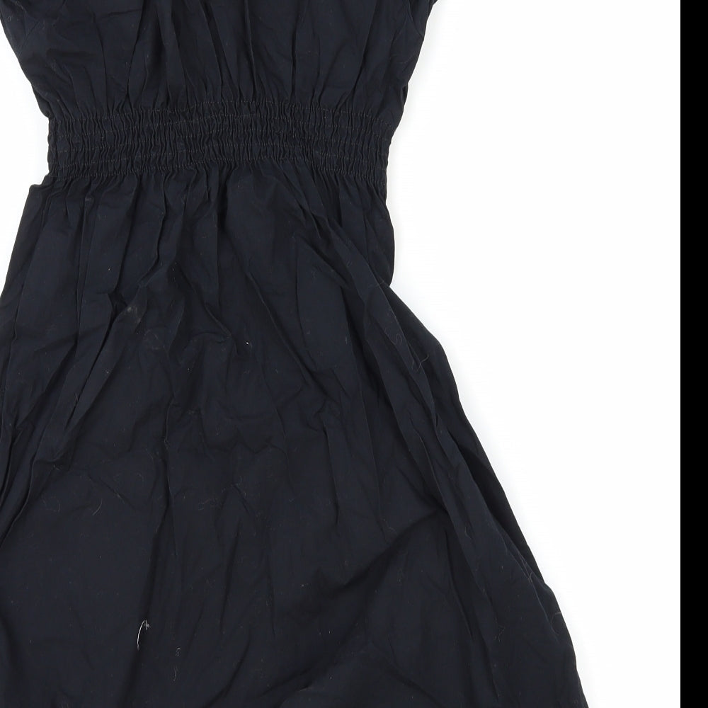 H&M Womens Blue Polyester Fit & Flare Size 6 V-Neck Drawstring - Shirred Waist