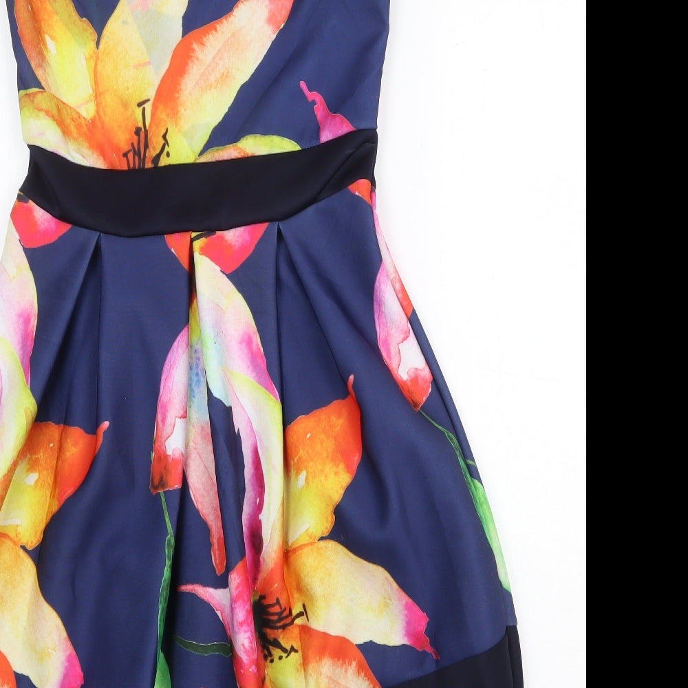 Want That Trend Womens Blue Floral Polyester Fit & Flare Size 12 Boat Neck Pullover