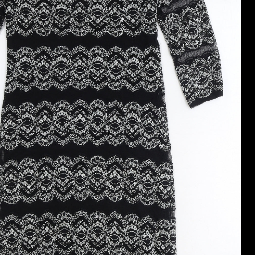 Roman Womens Black Geometric Polyamide A-Line Size 14 Square Neck Pullover
