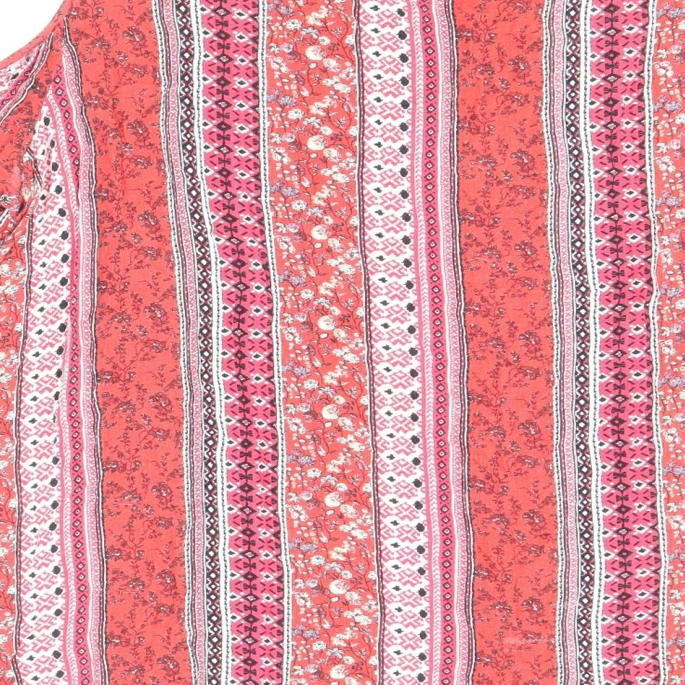 F&F Womens Red Geometric Viscose Basic Blouse Size 16 Round Neck - Cold Shoulder