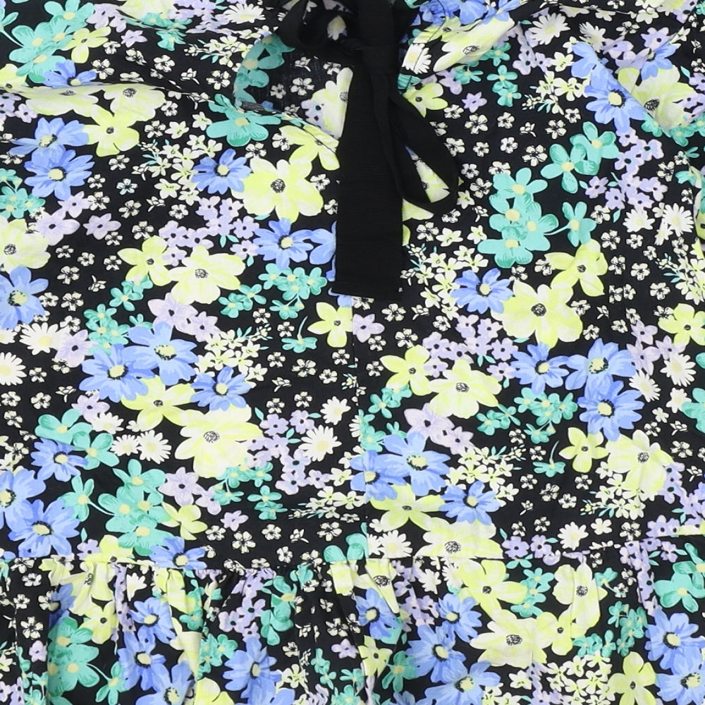 New Look Womens Black Floral 100% Cotton Basic Blouse Size 10 Round Neck