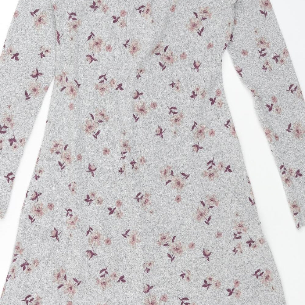 Monteau Womens Grey Floral Polyester A-Line Size XS V-Neck Pullover