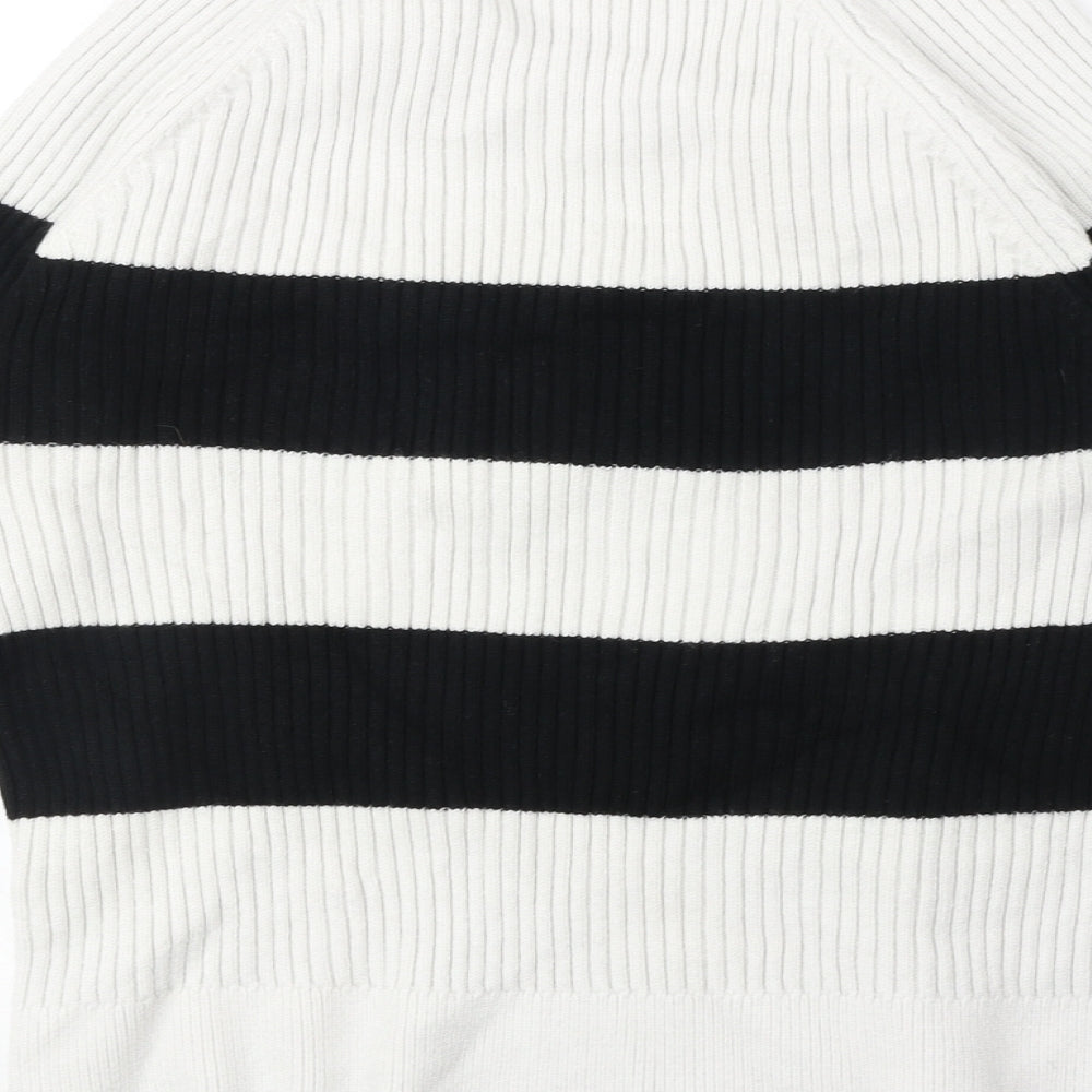 Marks & Spencer Womens White Round Neck Striped Acrylic Pullover Jumper Size M
