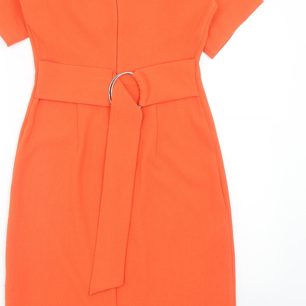 Warehouse Womens Orange Herringbone Polyester Sheath Size 10 Boat Neck Button