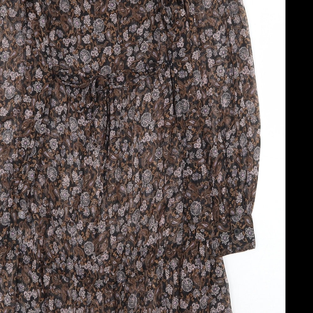 Marks & Spencer Womens Brown Floral Polyester A-Line Size 6 Round Neck Button