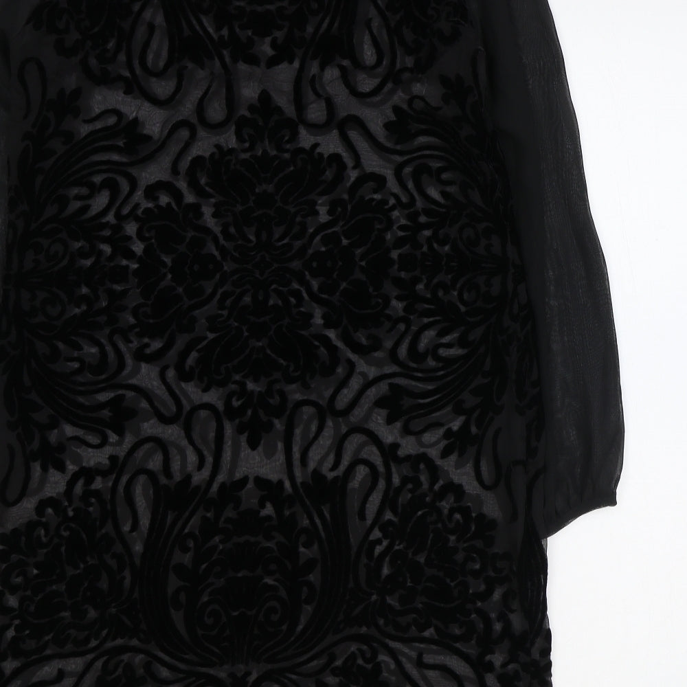 Marks & Spencer Womens Black Paisley Viscose Sheath Size 12 Boat Neck Button - Sheer Sleeves