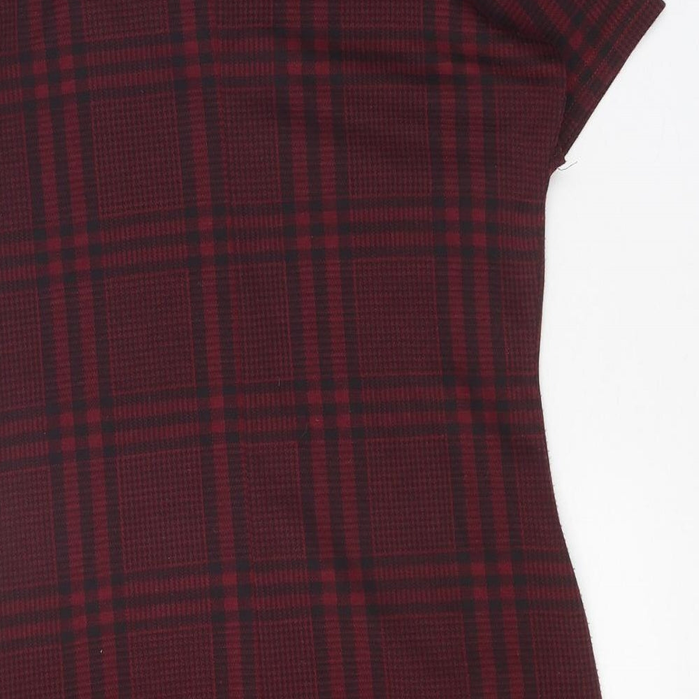 New Look Womens Red Plaid Polyester Shift Size 8 Round Neck Pullover