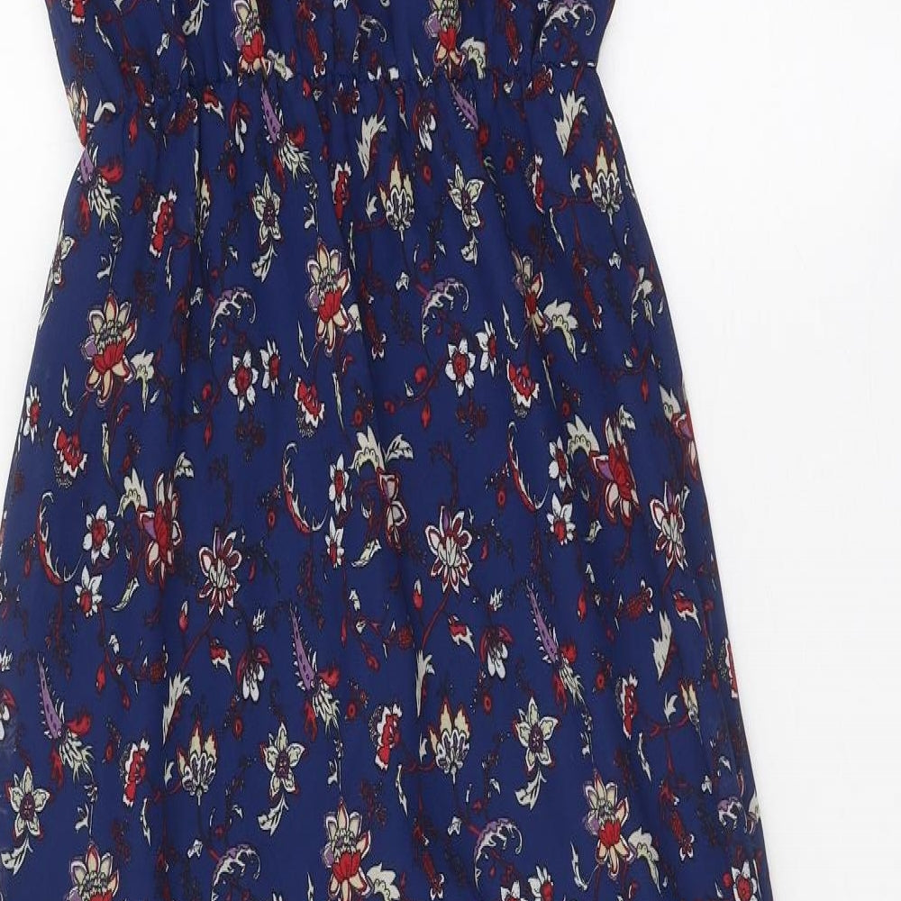 Divided Womens Blue Floral Polyester Slip Dress Size 4 Square Neck Button