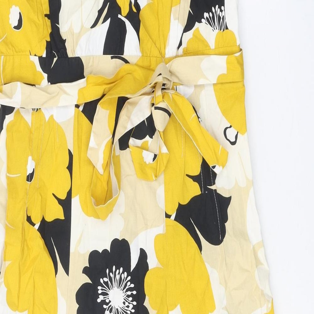 Womens Yellow Floral Polyester Skater Dress One Size V-Neck Zip