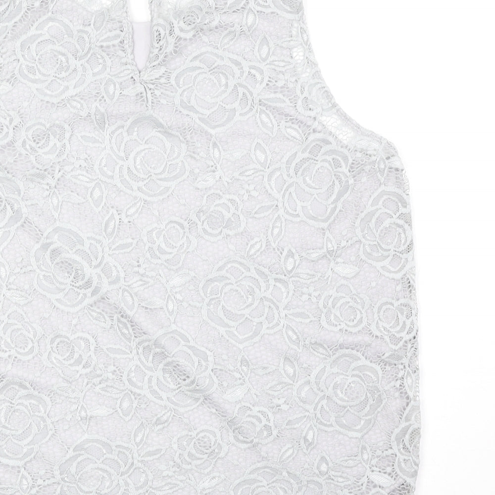 New Look Womens Grey Floral Polyester Basic Tank Size 8 Round Neck - Lace Overlay