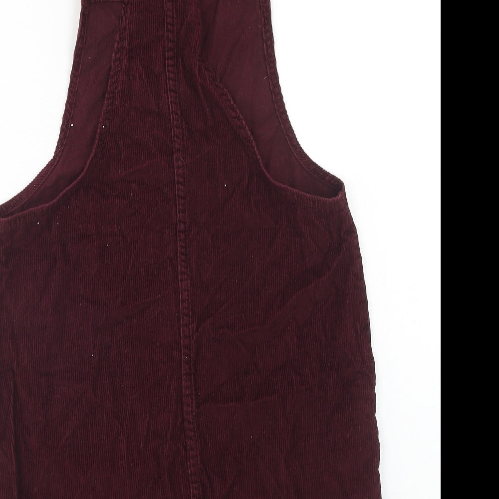 Denim & Co. Womens Red Herringbone Cotton Pinafore/Dungaree Dress Size 6 Square Neck Buckle