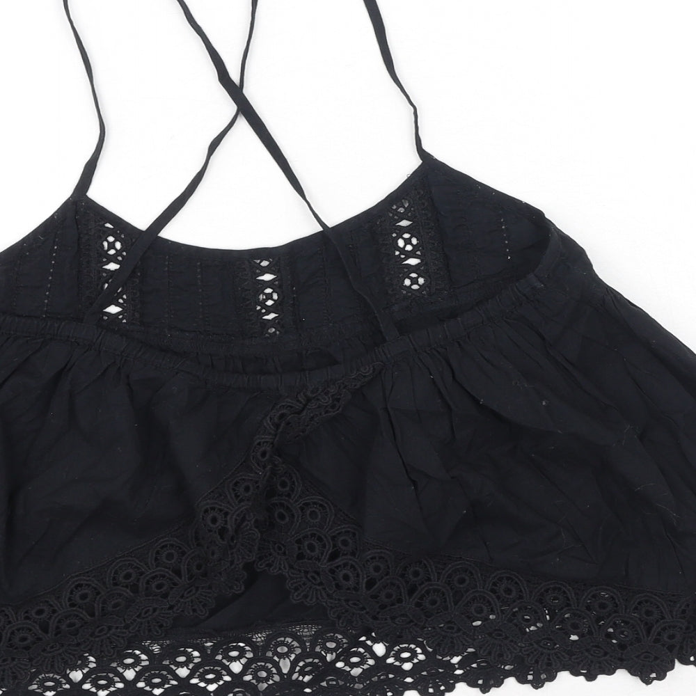 Topshop Womens Black 100% Cotton Camisole Tank Size 8 Scoop Neck - Cross Back Strap Detail