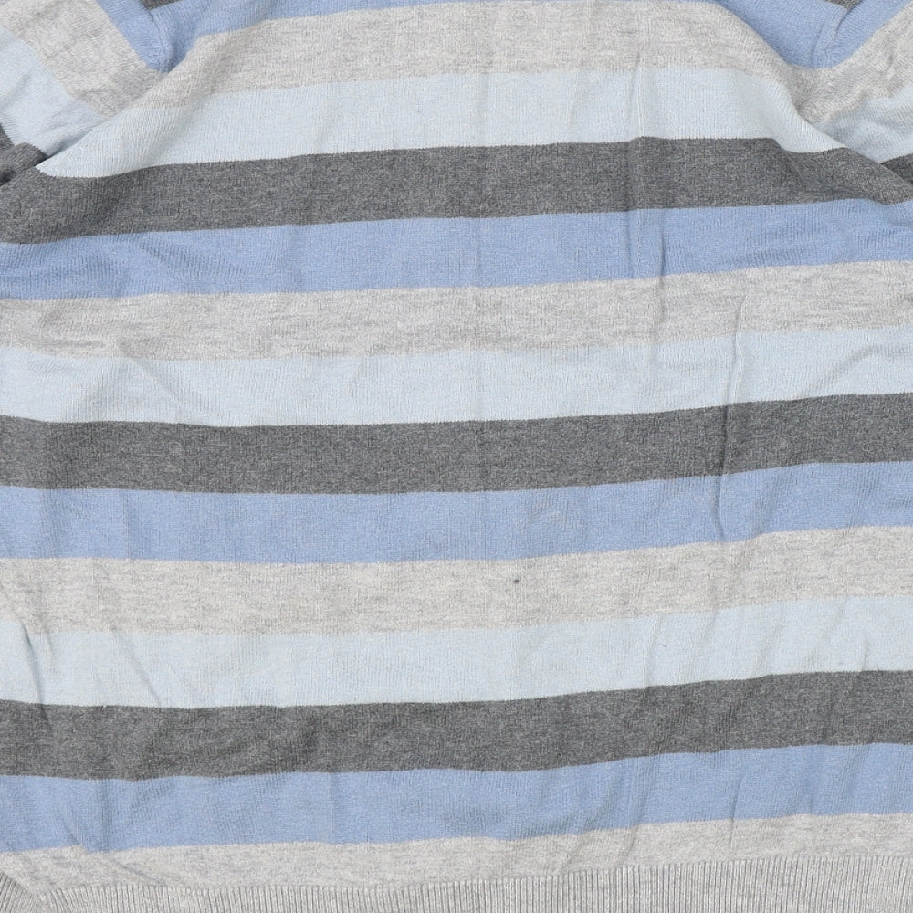Marks & Spencer Mens Grey V-Neck Striped Cotton Pullover Jumper Size M Long Sleeve
