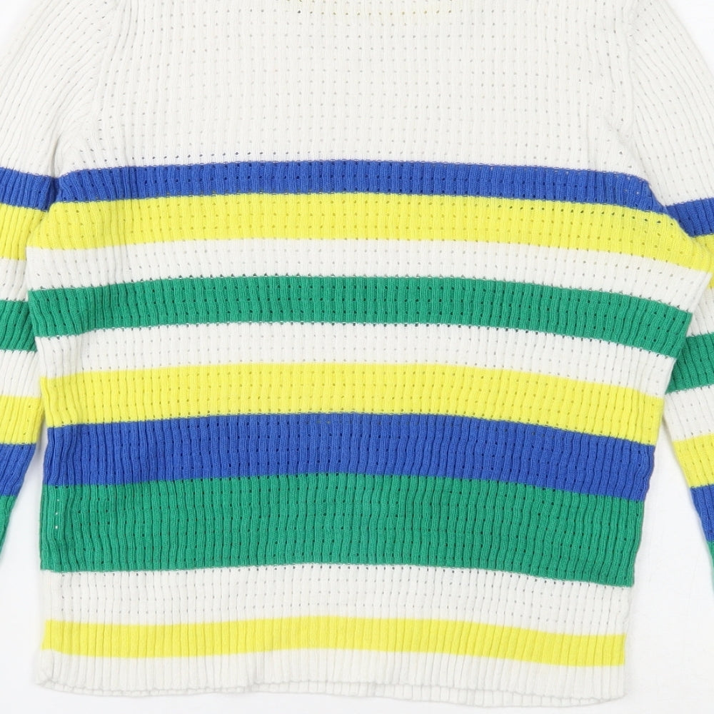 Stradivarius Womens White Round Neck Striped Cotton Pullover Jumper Size S