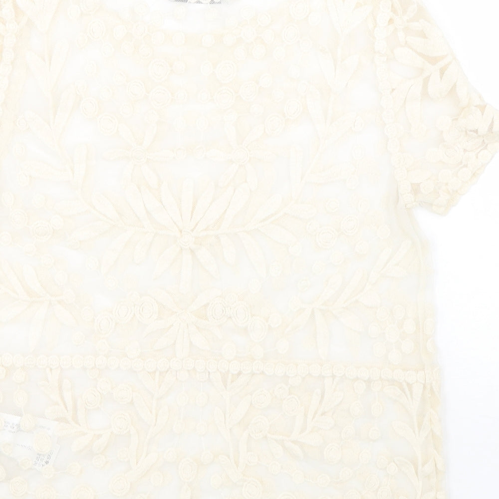 Zara Womens Beige Floral Cotton Basic Blouse Size S Boat Neck
