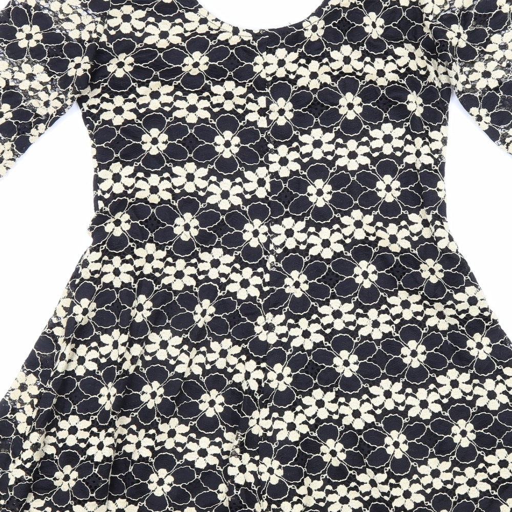 Izabel Womens Black Floral Polyester Skater Dress Size 8 Scoop Neck Pullover