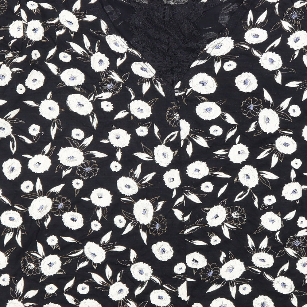 NEXT Womens Black Floral Viscose Basic Blouse Size 6 Boat Neck - Cut Out