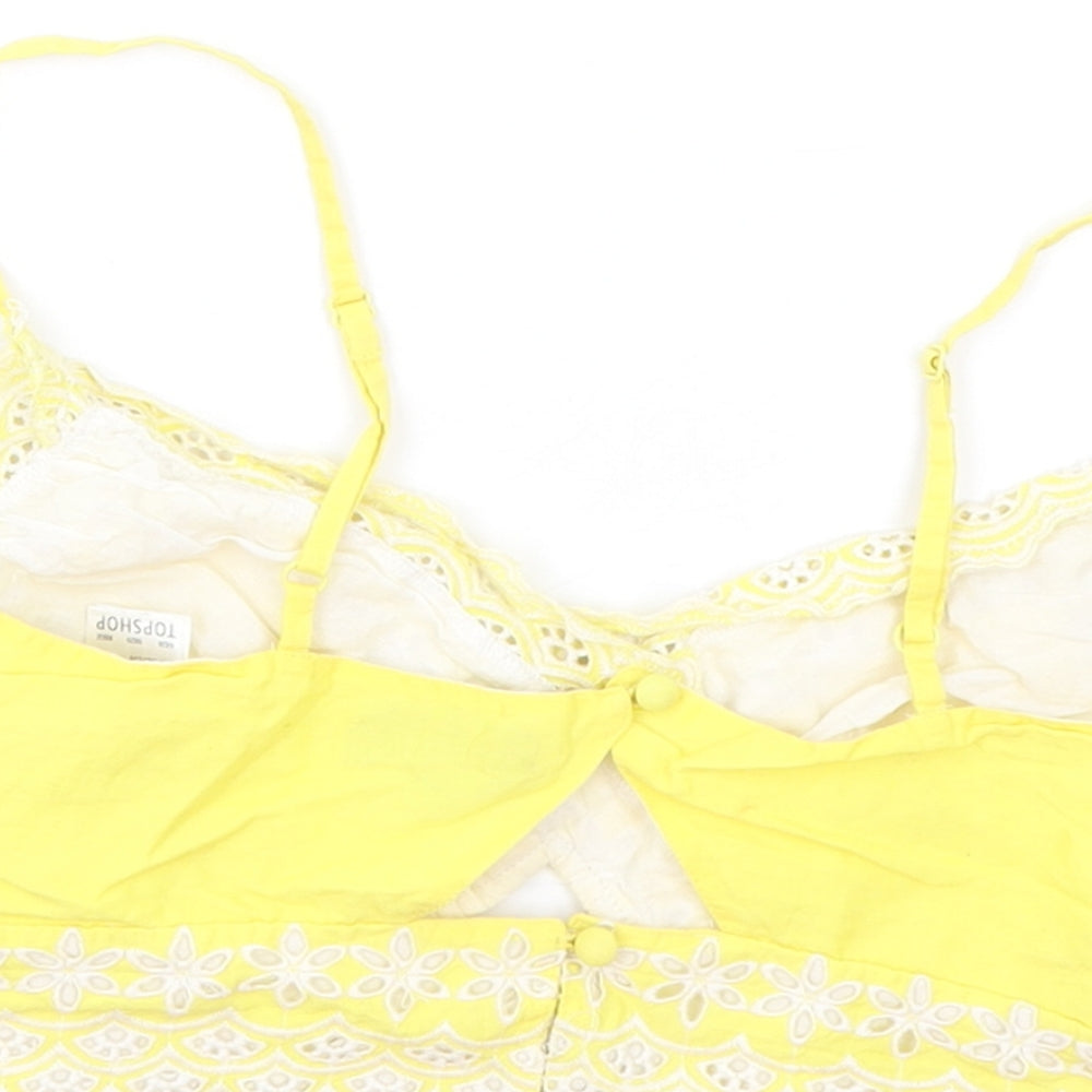Topshop Womens Yellow Geometric Cotton Cropped Tank Size 6 Sweetheart - Broderie Anglaise Details, Keyhole Neckline