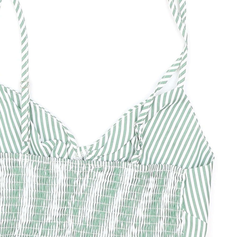 SHEIN Womens Green Striped Polyester Cropped Tank Size M V-Neck - Shirred Back
