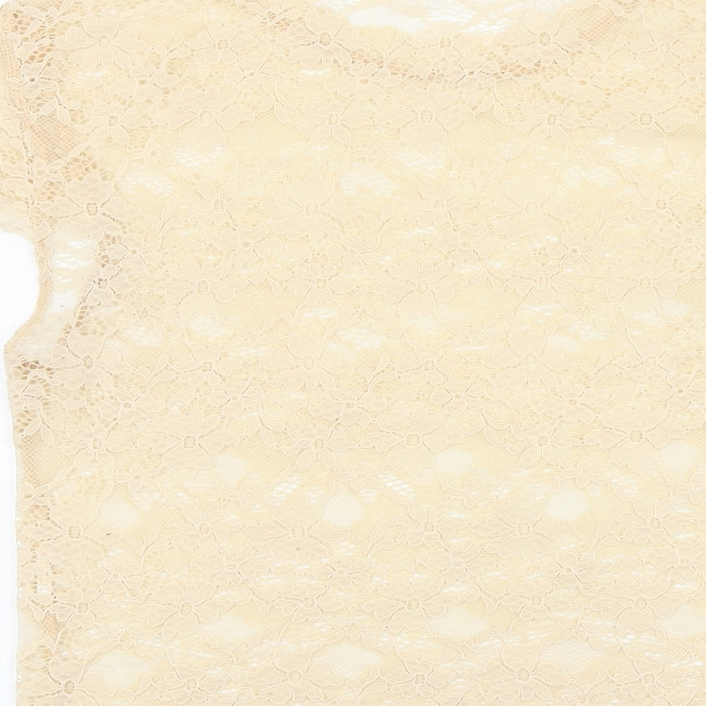Zara Womens Ivory Geometric Polyamide Basic T-Shirt Size S Round Neck