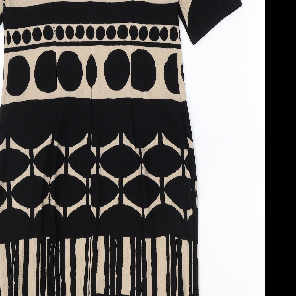 RMLL Womens Black Geometric Polyester A-Line Size 6 Round Neck Zip