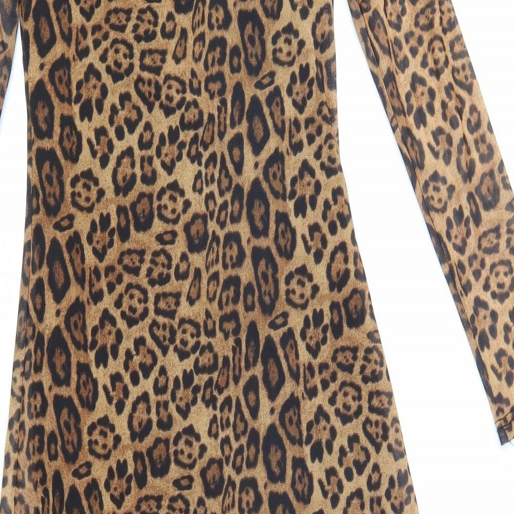 LUC-CE Womens Brown Animal Print Polyester A-Line Size S Round Neck Pullover - Leopard Pattern