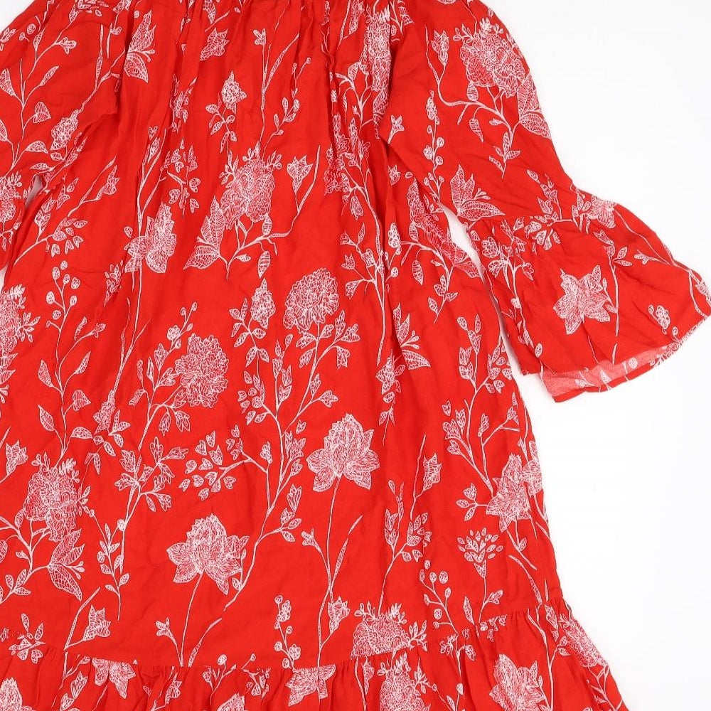 H&M Womens Red Floral Viscose Trapeze & Swing Size 10 Off the Shoulder Pullover