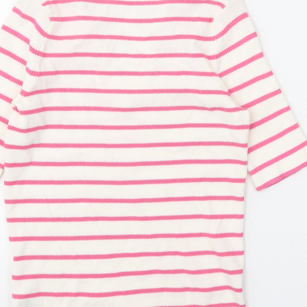 Marks & Spencer Womens White V-Neck Striped Cotton Pullover Jumper Size S
