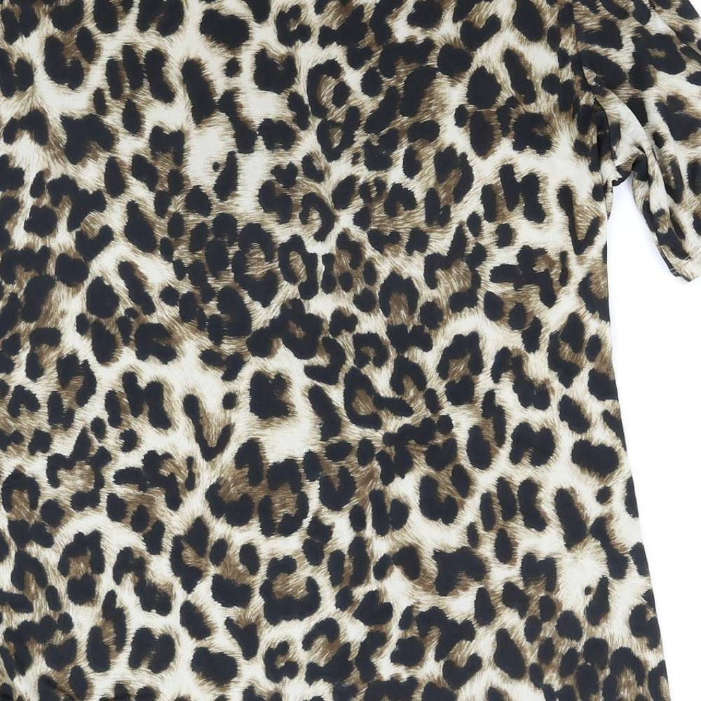Classics Womens Brown Animal Print Polyester Basic T-Shirt Size 12 Round Neck - Leopard Print