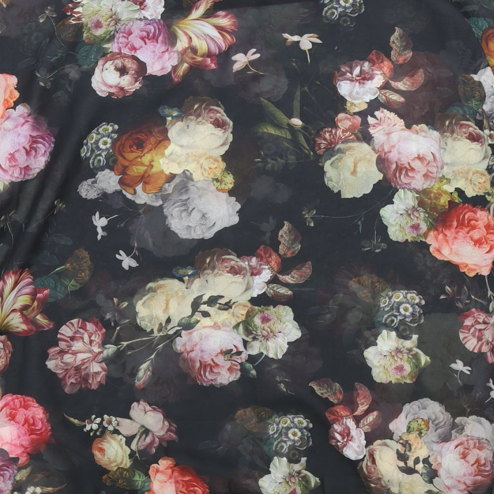 2-Bizzy Womens Black Floral Viscose Basic Blouse Size S Round Neck