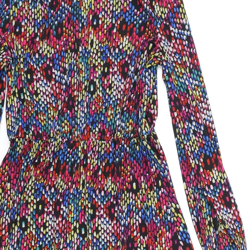 Oasis Womens Multicoloured Geometric Polyester Fit & Flare Size S Mock Neck Button
