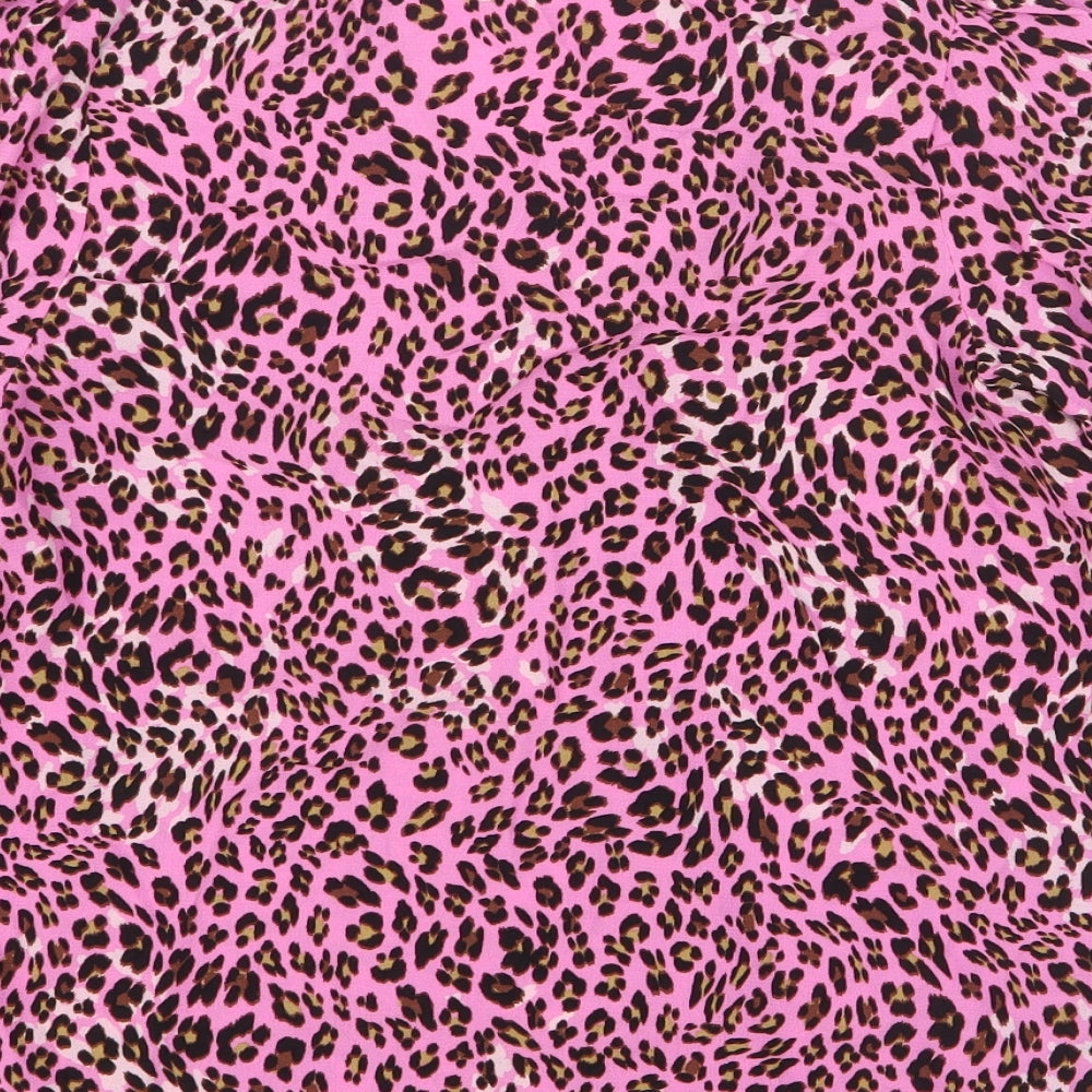 Marks & Spencer Womens Pink Animal Print Viscose Basic Button-Up Size 8 V-Neck - Leopard Print
