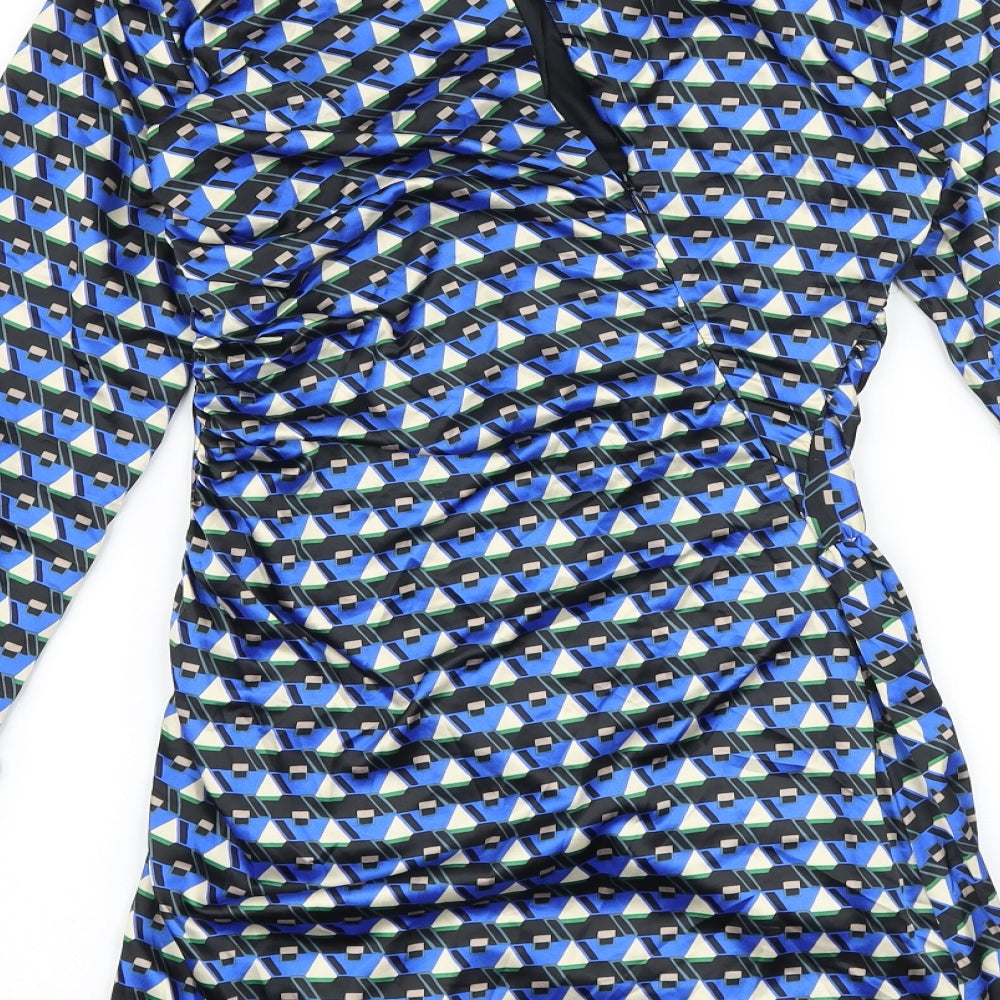 Zara Womens Blue Geometric Polyester Bodycon Size S Round Neck Zip