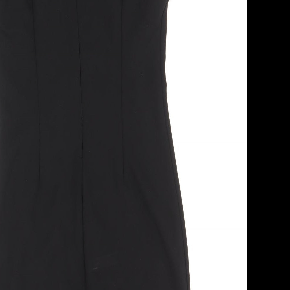 Preworn Womens Black Geometric Polyester A-Line Size 6 Round Neck Zip