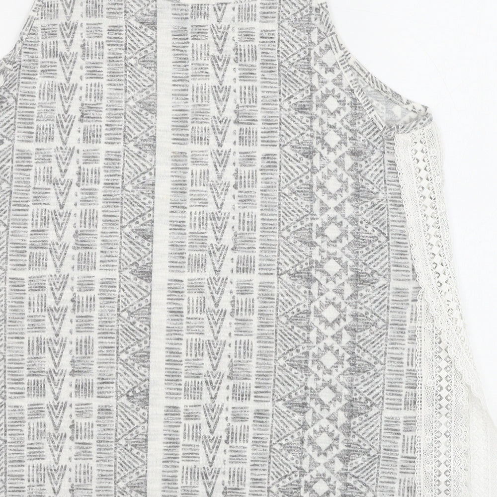 New Look Womens Grey Geometric Polyester Basic Tank Size 12 Round Neck - Lace Detail