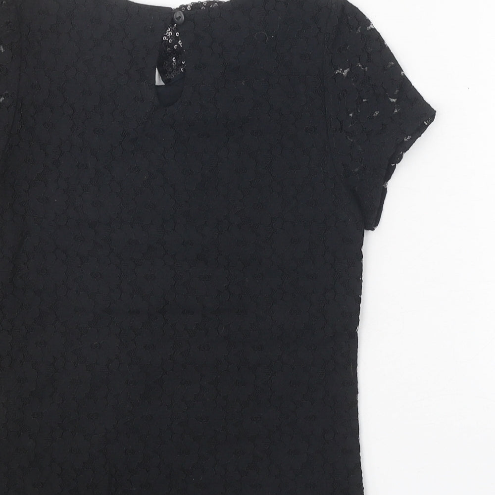 Marks & Spencer Girls Black 100% Cotton Pullover T-Shirt Size 8-9 Years Collared Button - Lace