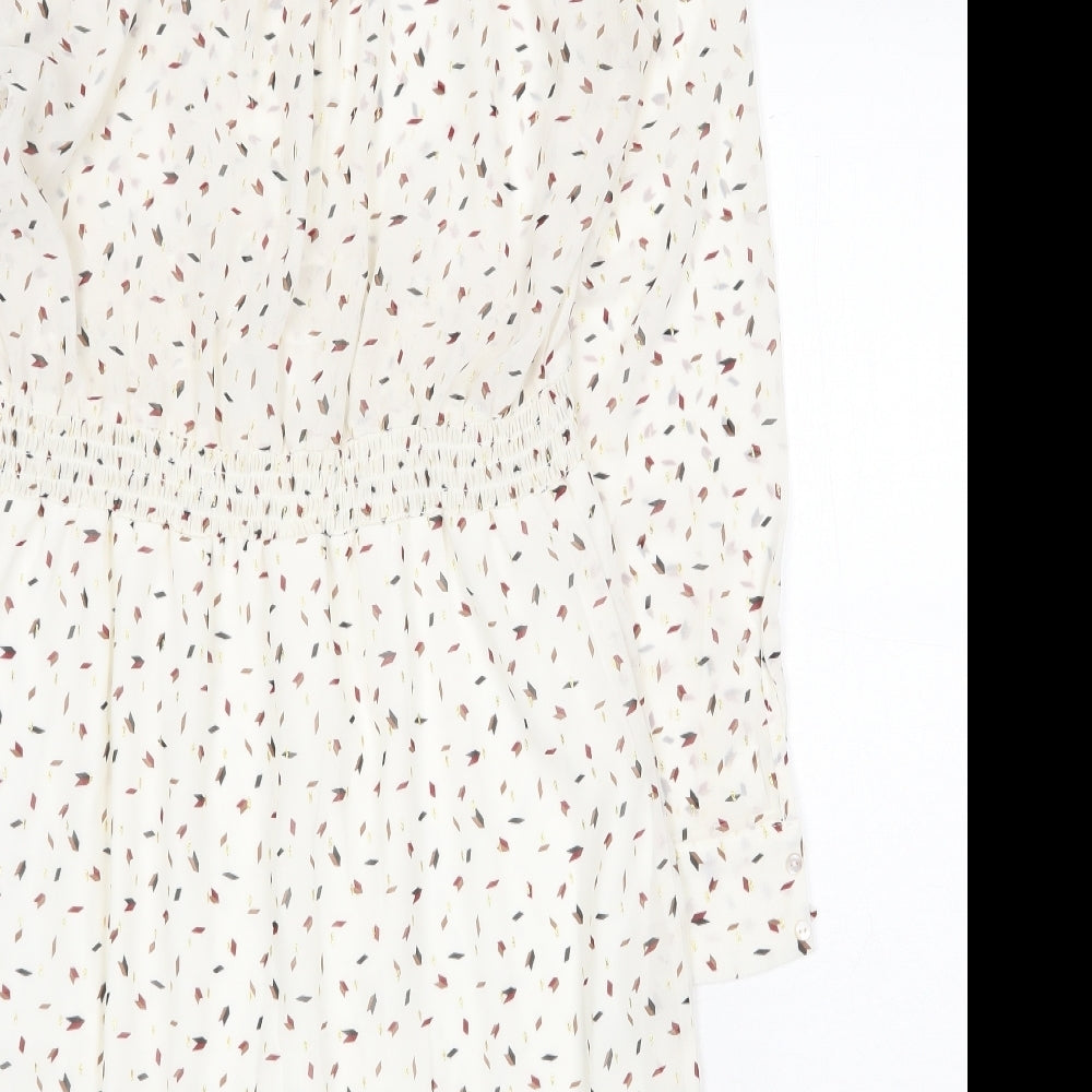 Misskoo Womens White Geometric Polyester A-Line Size S V-Neck Button