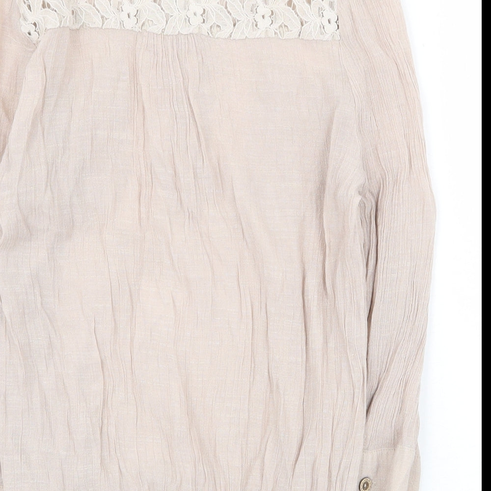 Active Womens Beige Cotton Basic Blouse Size M V-Neck - Lace Detail